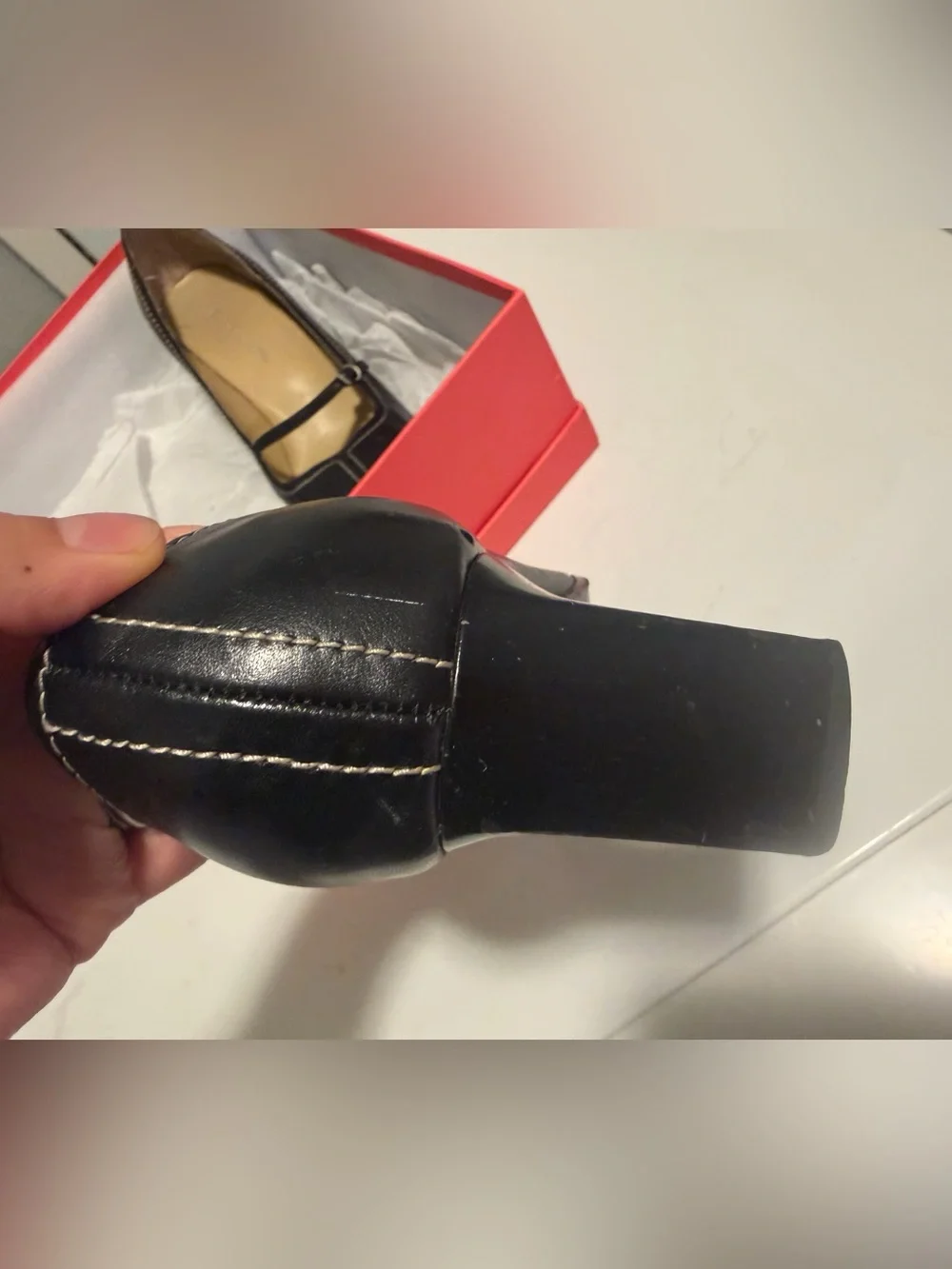 Vintage Black Leather Mary Jane Pumps with Contrast Stitching